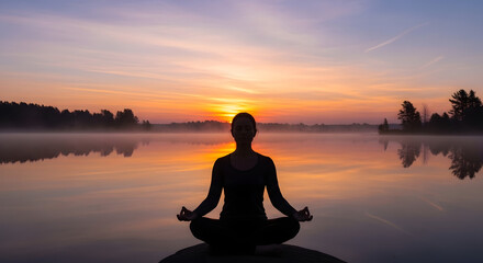 Zen Sunset Serenity: A lone figure embodies tranquility through meditation during the enchanting golden hour, mirroring the sublime sunset across the serene lake surface. 