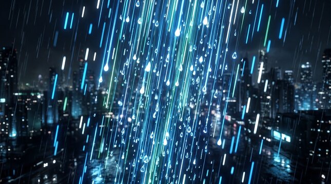 Abstract Digital Rain of Blue and Green Light Streaks Over a Cityscape at Night.