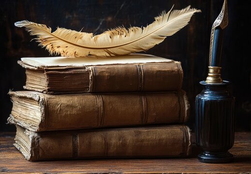 stack of three worn leather books with a large feather quill resting on top and an ornate inkwell beside them on a wooden table, warm nostalgic and contemplative mood