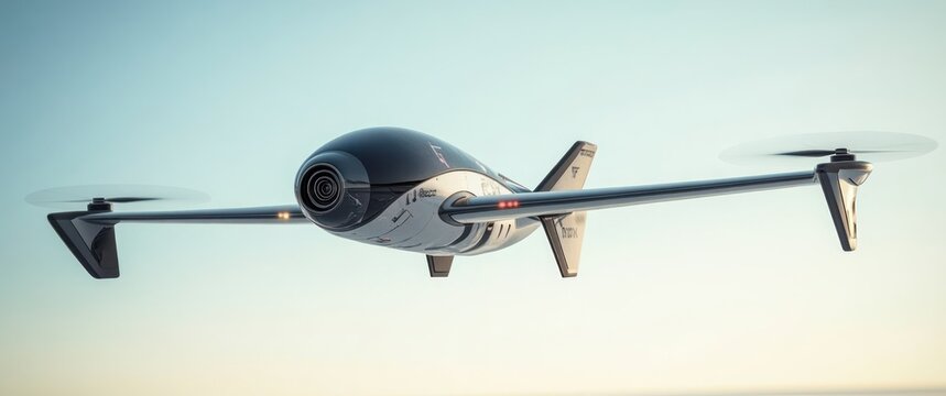 sleek white electric vertical takeoff aircraft with twin wingtip rotors and compact fuselage gliding serenely across a pale sky