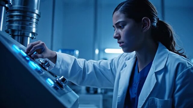 Woman in lab coat operating machine with blue lights in laboratory setting, focused scientist using technology in clean research environment.