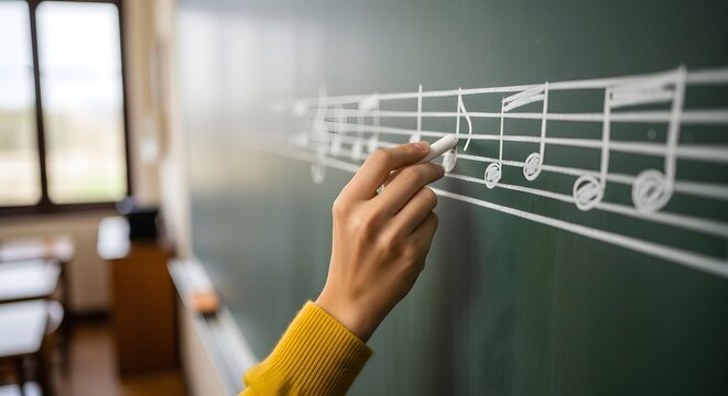 Hand writing music notes on blackboard in classroom, education background