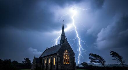 Obraz premium A dramatic lightning strike illuminates the stormy sky behind an old stone church with a tall spire and glowing windows.