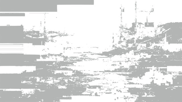 Glitchy distorted digital error screen with grey rectangles and white background