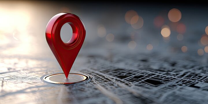 A red map pin is placed on a detailed map with blurred lights in the background