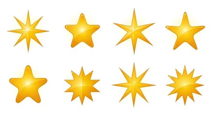 Obraz premium A collection of eight golden starburst shapes with varying point counts and brightness levels on a white background