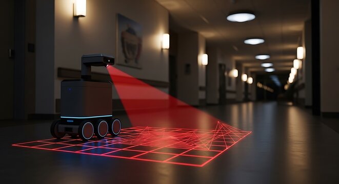 futuristic robot uses a red laser to scan and map an area, projecting a grid onto the floor. This technology is ideal for modern mapping and surveying.
