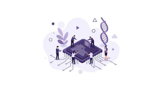 Isometric engineering team working on computer processor with dna and binary data code for high tech industry