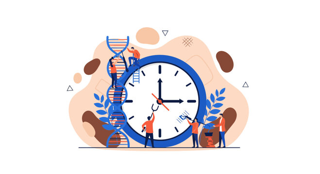 Team work on a big blue clock and DNA for time and life science goal