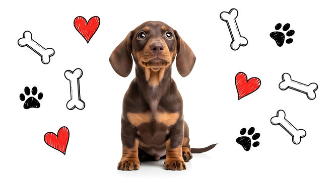 Adorable dachshund with illustrated heart and bone sketches