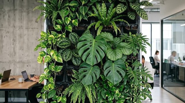 Lush indoor vertical garden green wall office living wall indoor plant foliage promoting inclusive sustainability and calm green workspace blending