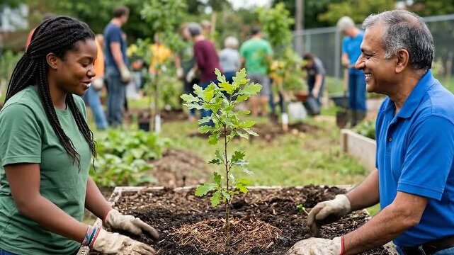 Community volunteers planting young oak tree in urban garden for neighborhood greening and inclusive sustainability teamwork