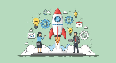 New startup business launch concept with rocket people idea light bulb gear success project plan work