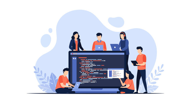 Software developers team working together on web development and coding project