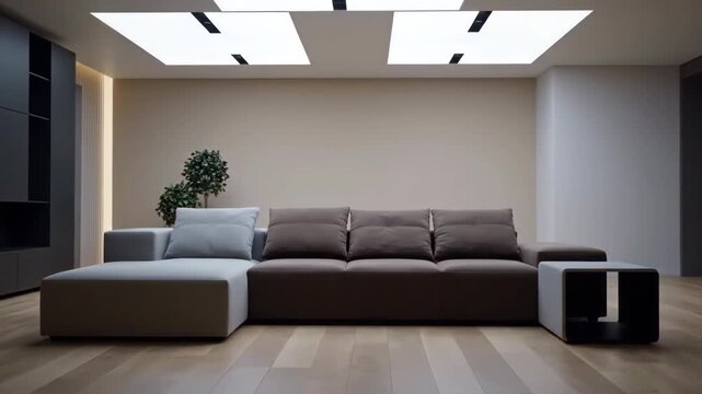 Minimalist living room interior featuring modern couch, furniture, lighting, and decor. Simple design in room provides interior design inspiration.