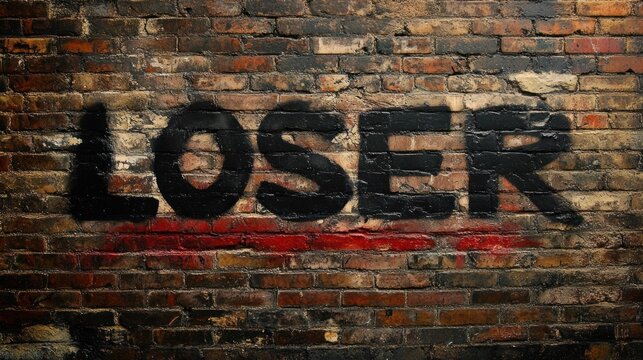 Black spray-painted word loser with red underline on weathered brick wall, gritty urban vandalism conveying hostility and derision