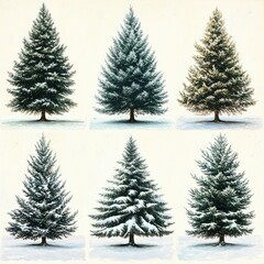 Obraz premium six snow-dusted evergreen trees arranged in two rows on a pale textured background, serene winter calm