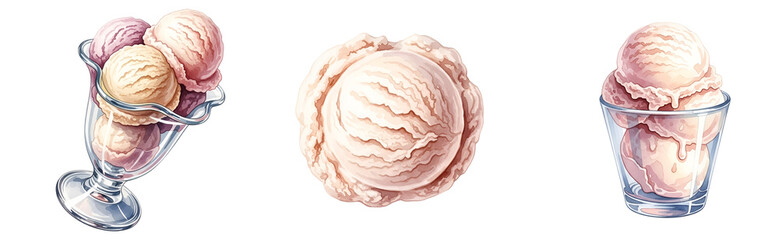 Obraz premium A set of pink ice cream scoops in glass dessert dishes on transparent background