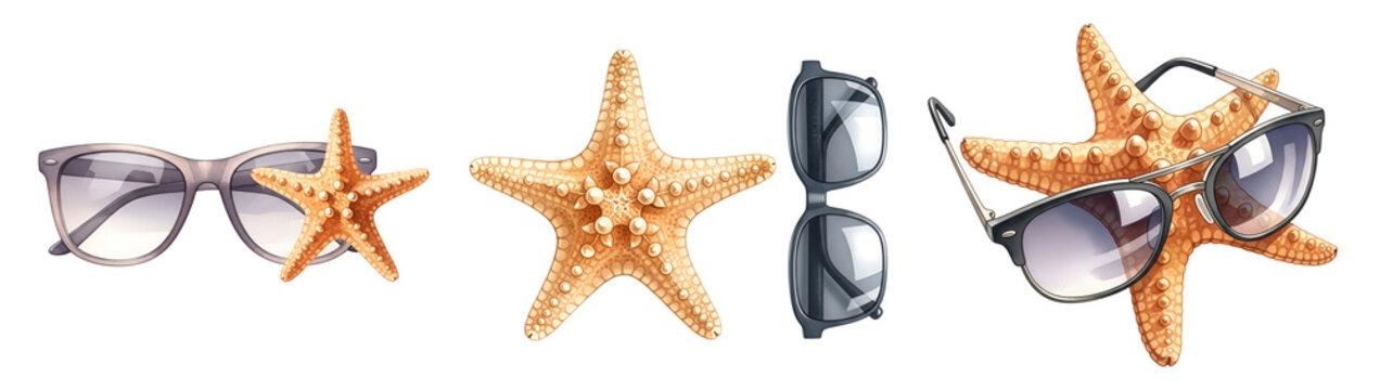 A collection of starfish wearing sunglasses on transparent background