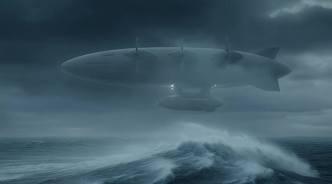 Sci-fi airship with multiple propellers and small pod hovers above stormy ocean waves