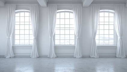 Obraz premium Bright, airy room with three large arched windows draped in white fabric