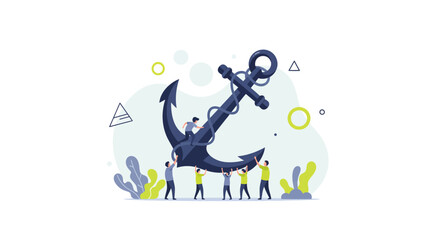 Teamwork tiny people lift large heavy ship anchor for strength stability success and business goals