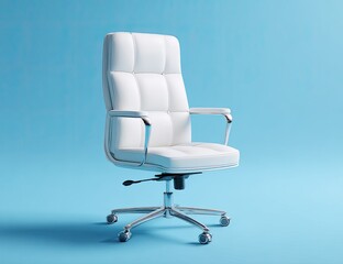 Fototapeta premium Modern executive office chair with plush white upholstery on a bright blue backdrop