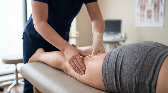 Physical therapist massaging a patients leg on a treatment table.