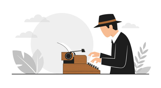 A professional male author wearing a black hat and suit typing on a vintage wooden typewriter for his creative story writing