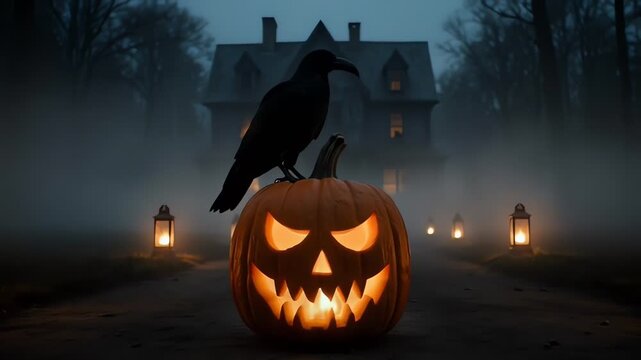 Spooky Halloween Crow Perched on Glowing Jack-o-lantern at Night