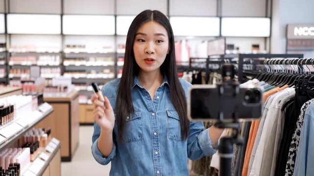 Young Asian female makeup seller hosting a live online shopping stream inside a modern retail store using a smartphone mounted on a tripod speaking confidently to the camera while presenting beauty pr
