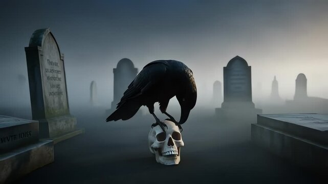 Eerie Black Crow Perched on a Human Skull in a Foggy Graveyard