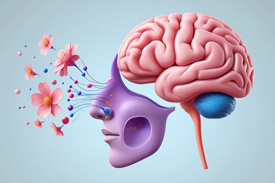 Brain and Olfactory System Illustration with Flowers, Sensory Perception and Memory Concept