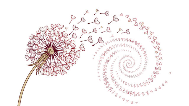 Delicate dandelion flower with heart-shaped seeds blowing in a spiral wind pattern representing love and beauty in nature.