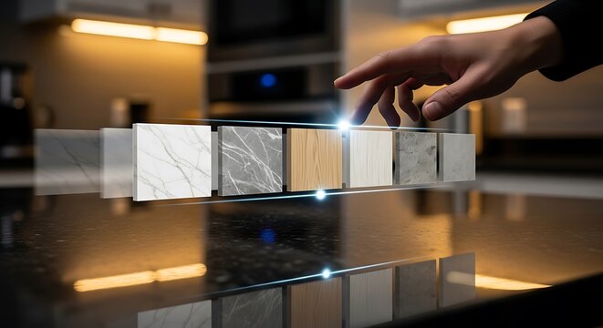 Close-up of a hand touching a selection of countertop material samples, showcasing different textures and colors for interior design.