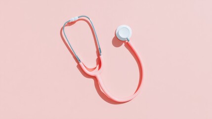 Fototapeta premium Pink stethoscope on pastel background lying flat for medical healthcare branding and professional clinic advertising with ample copy space for text and website headers