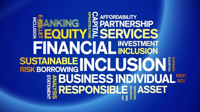 Financial inclusion animated word cloud-text design animation tag kinetic typography seamless loop.