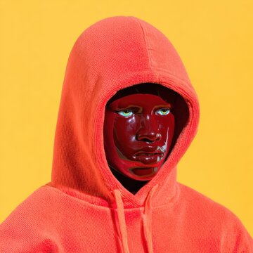 virtual avatar of a boy with red chrome skin wearing a vibrant orange hoodie, digital character design for gaming profile or social media app interface