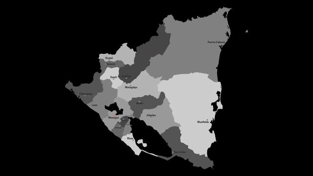 Vector map of Nicaragua with names of cities and with borders city