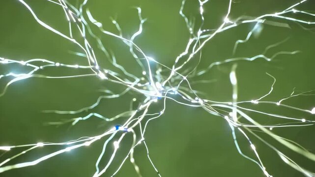 Neural Network Glowing Connection. Abstract animation of glowing neurons or electrical impulses firing through a web of white branches against a green background.