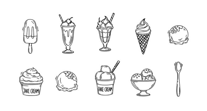 A set of black and white line art illustrations of various ice cream treats and desserts