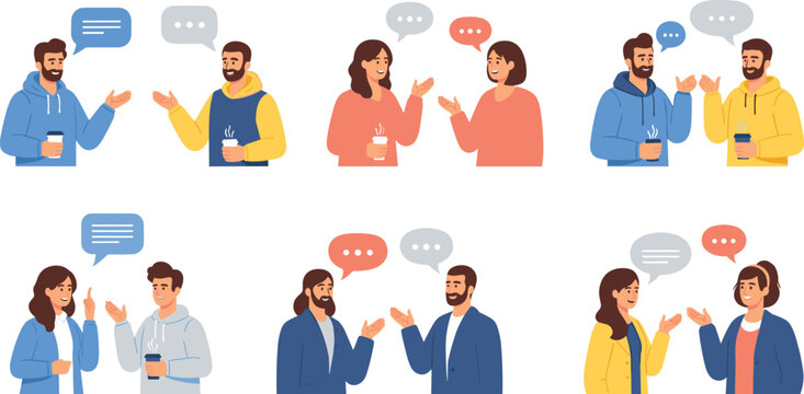 People talking conversation scenes collection with friends chatting communication dialogue characters vector illustration set