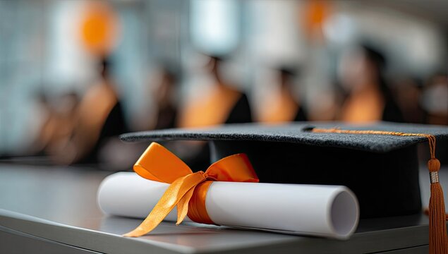 Graduation cap and diploma on table, blurred figures celebrating in background