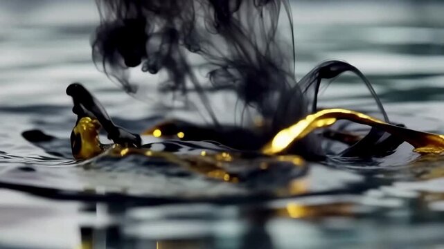 Gold and Black Liquid Ink Swirl in Water. Abstract visual of gold metallic fluid mixing with black ink smoke underwater against a dark background.