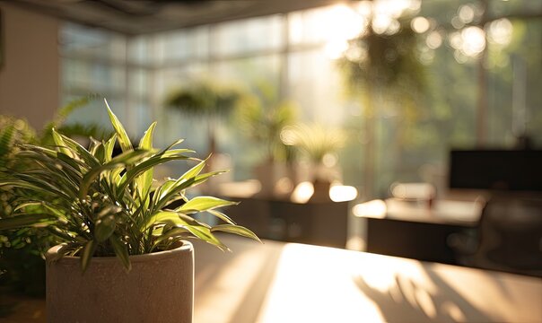 Soft, sunlit office interior with potted plants and blurred desks