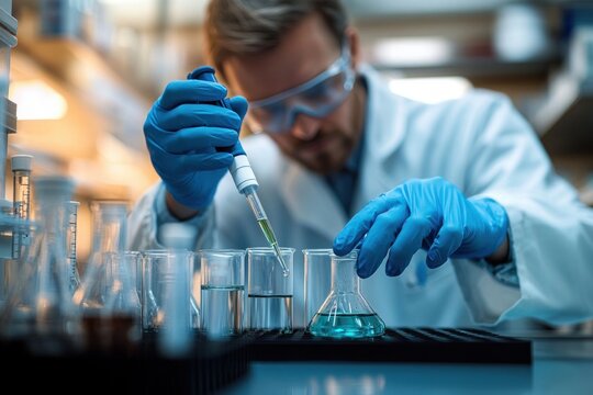 focused scientist in white coat and blue gloves using a pipette to transfer green liquid into beakers and an erlenmeyer flask on a laboratory bench
