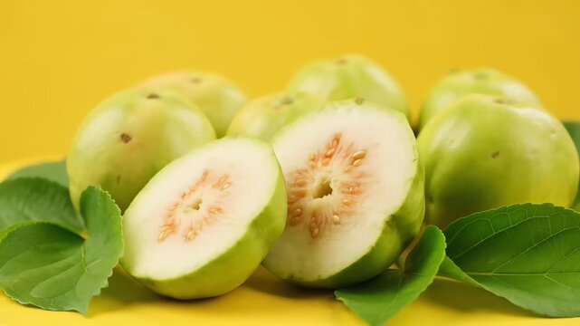 Fresh Green Jujube Fruits with Leaves on Yellow Background