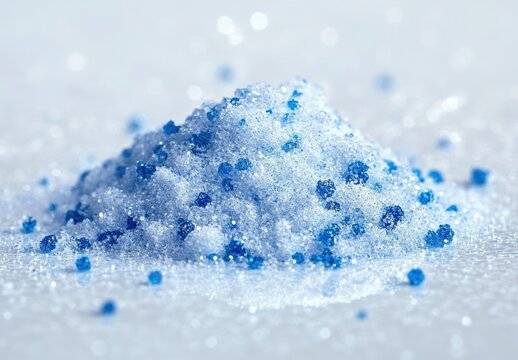 A mound of white sugar crystals sprinkled with blue sugar pearls on a pale blue surface, sparkling softly with a cool sweet dreamy mood