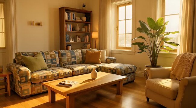 Cozy living room interior with warm golden hour sunlight, comfortable patterned sofa and wooden coffee table, peaceful home library atmosphere
