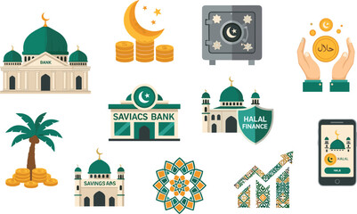 Islamic Banking and Halal Finance Icon Set Featuring Sharia Compliant Bank, Zakat Charity, Halal Investment, Crescent Moon Symbols and Islamic Financial Technology Concepts